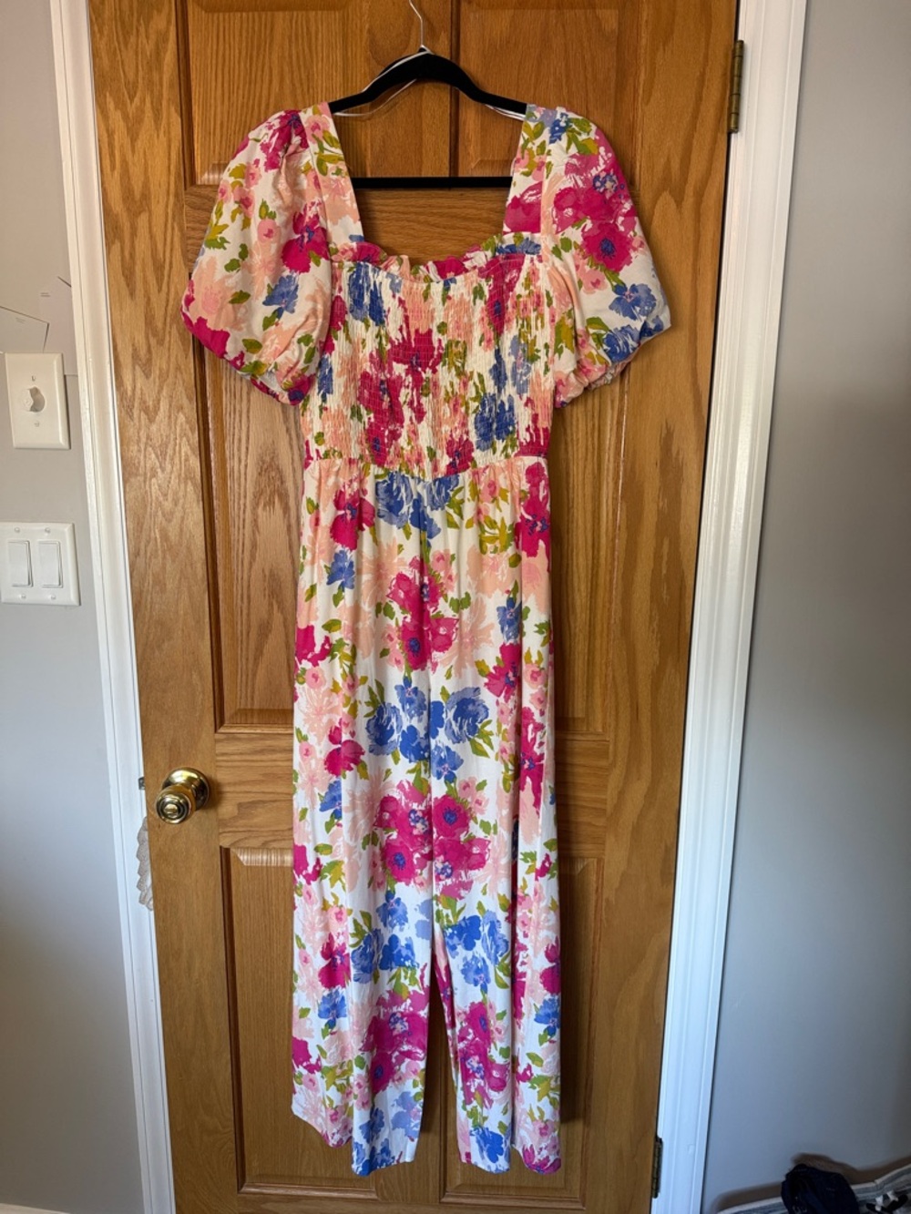 Floral Puff Sleeve jumpsuit in Pink, Blue & Green